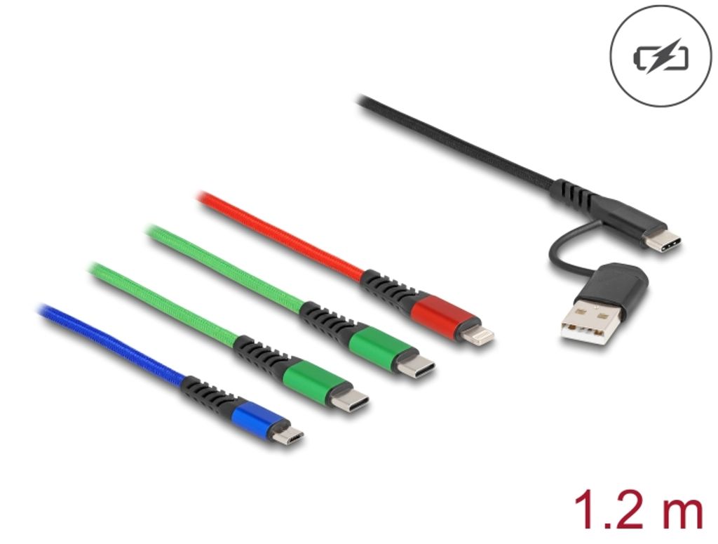 Delock 4-i-1 ladekabel USB-A + USB-C til Lightning/Micro USB/2 x USB-C 1,1 m