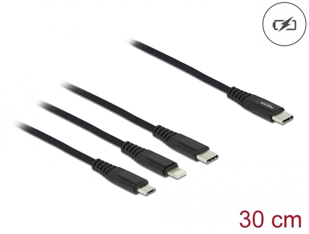 Delock 3-i-1-ladekabel USB-C til Lightning / Micro USB / USB-C, 30 cm