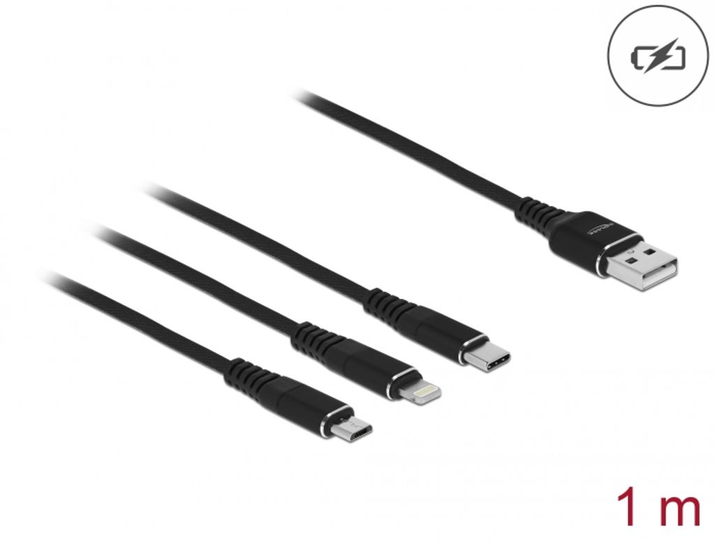 Delock 3-i-1 ladekabel USB-A til Lightning / Micro USB / USB-C, 1m - Svart