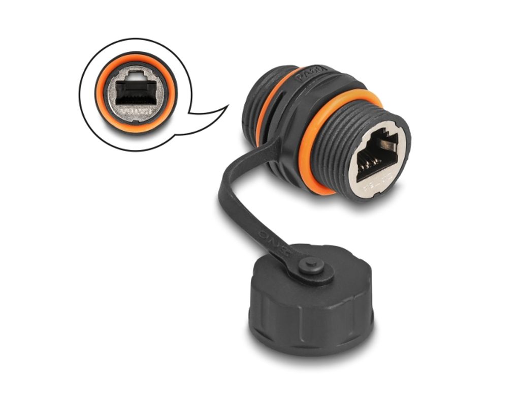 Delock kabelkontakt RJ45 hona till RJ45 hona Cat.6A, IP68 med M20-gänga - svart