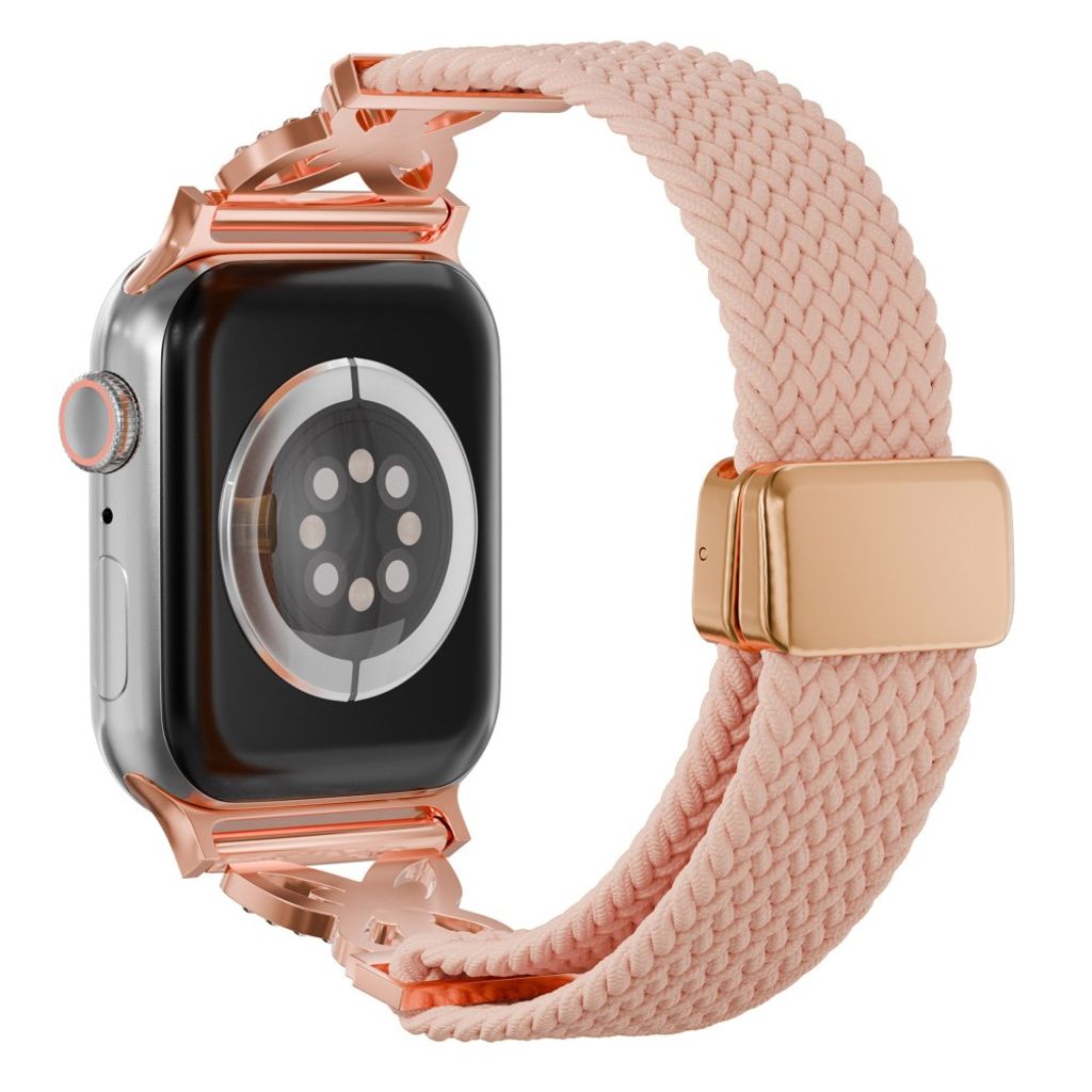 Apple Watch 42/41/40/38mm Flätat Klockarmband i Nylon med Strass - Rosa