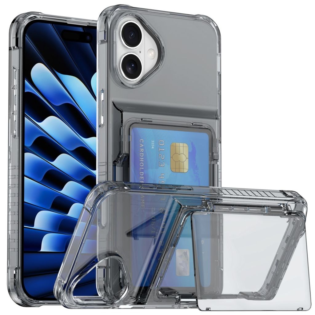 iPhone 17 Skal med stativ och kortfack – Transparent svart