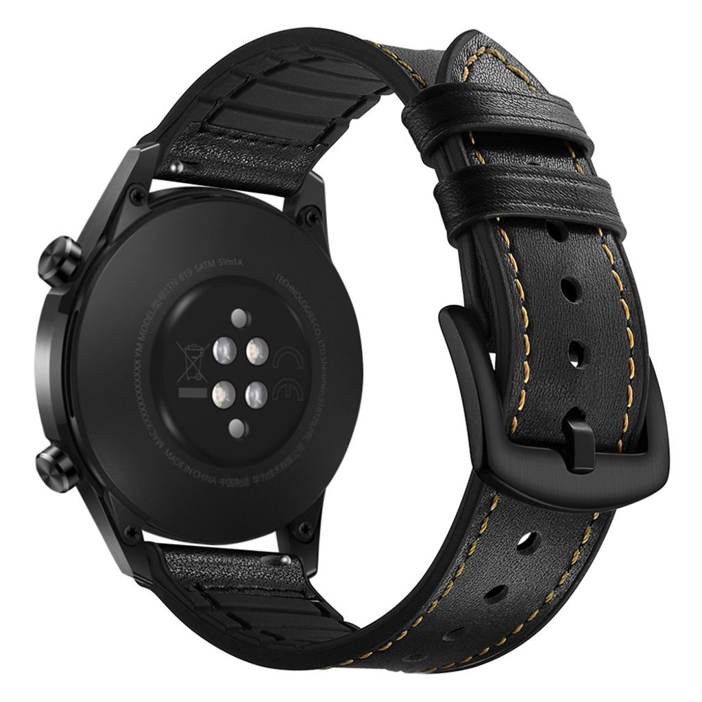 Huawei Watch GT/GT 2 jne. Kellon ranneke aitoa nahkaa/silikonia – musta