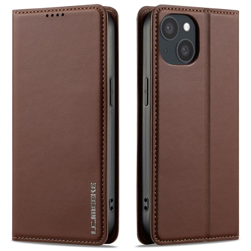 LC.IMEEKE iPhone 15 Wallet Cover Stand PU Leather - Brown