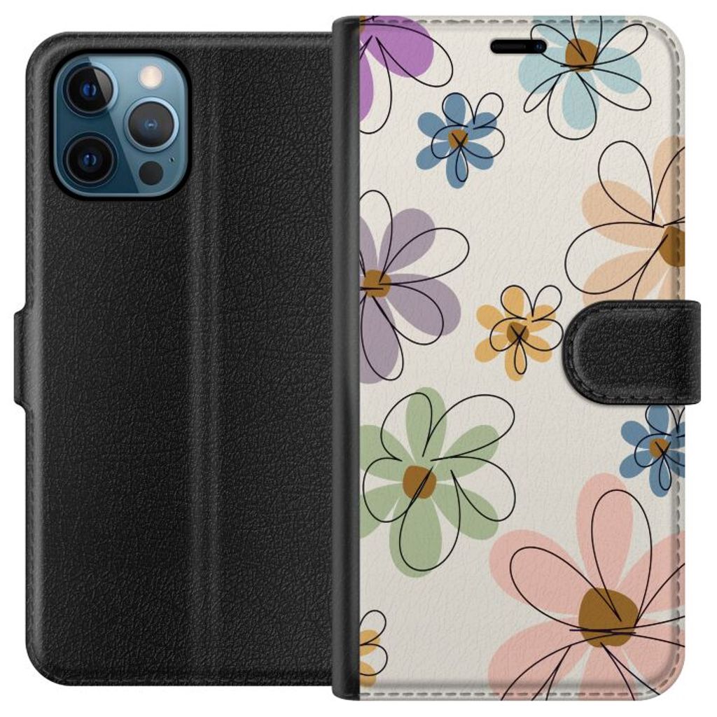Apple iPhone 12 Pro Svart Plånboksfodral Tecknade Blommor
