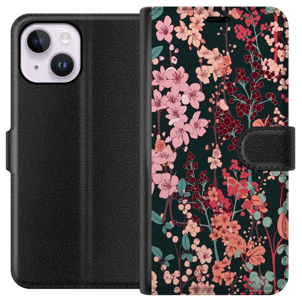 Apple iPhone 15 Plus Musta Lompakkokotelo Blommor