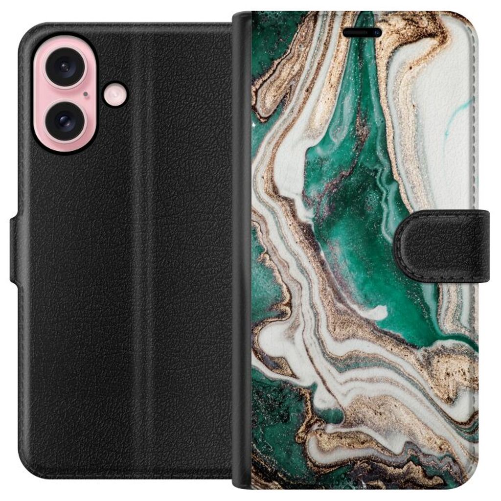 Apple iPhone 16 Svart Plånboksfodral Grön / Guld marmor