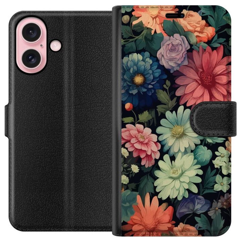Apple iPhone 16 Svart Plånboksfodral Färglada blommor