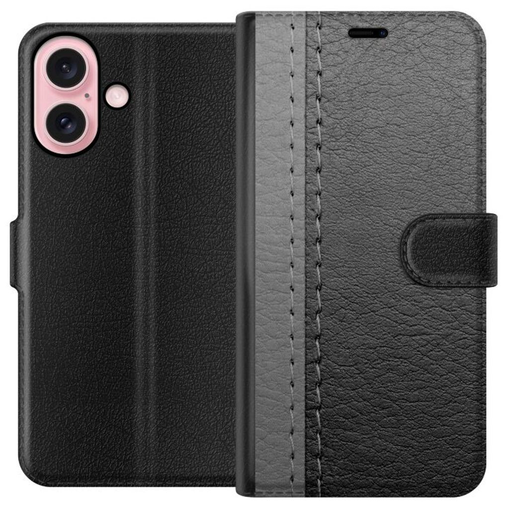 Apple iPhone 16 Sort Lommebokdeksel Grått Fake Läder