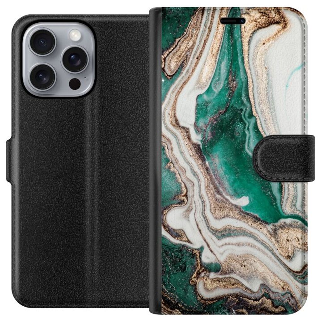 Apple iPhone 16 Pro Max Svart Plånboksfodral Grön / Guld marmor