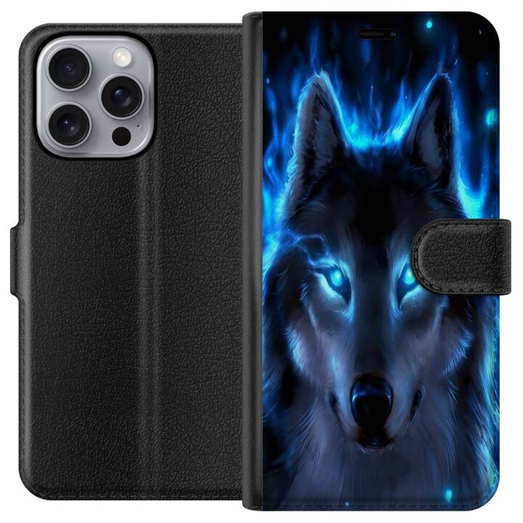 Apple iPhone 16 Pro Max Musta Lompakkokotelo Blå Varg