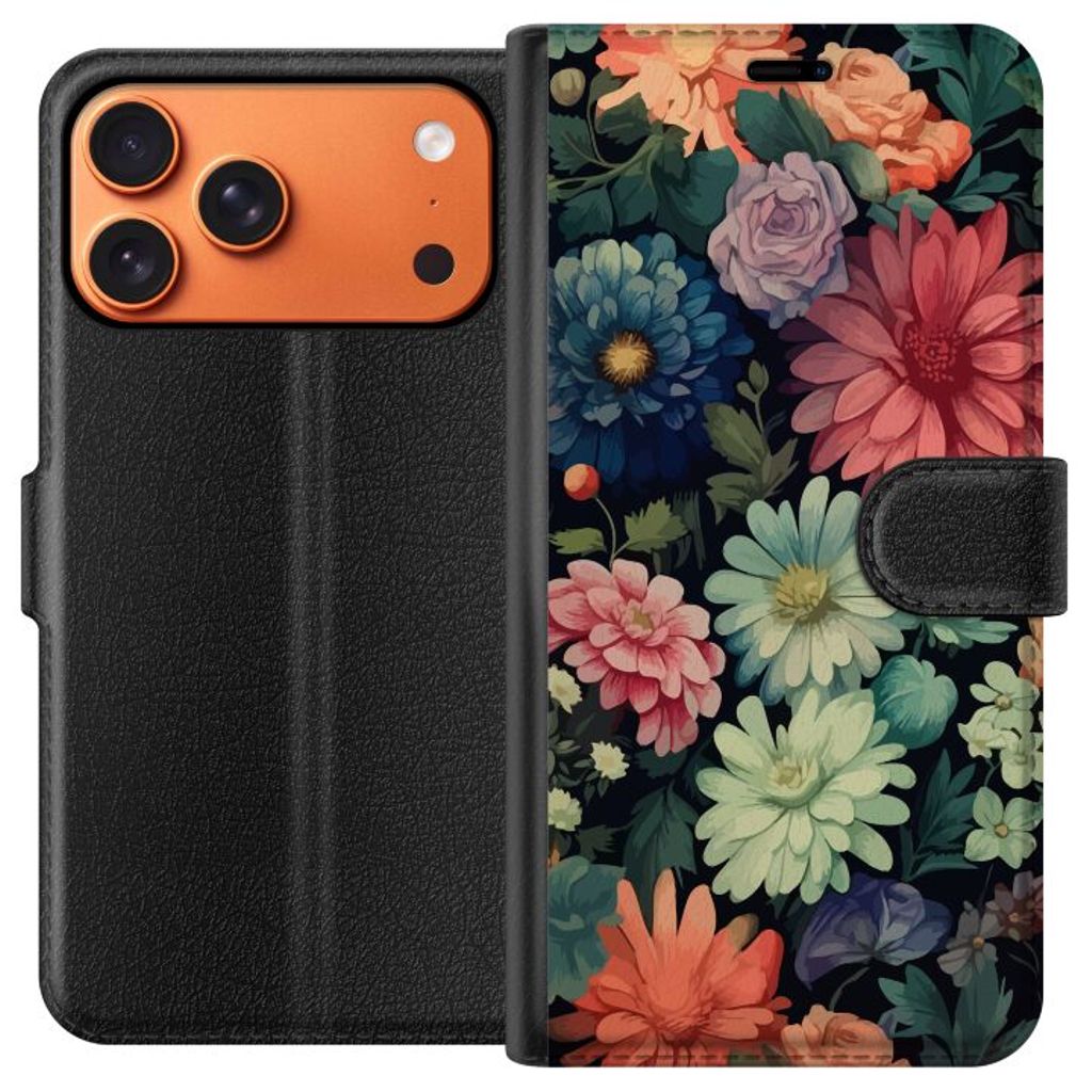 Apple iPhone 17 Pro Max Svart Plånboksfodral Färglada blommor
