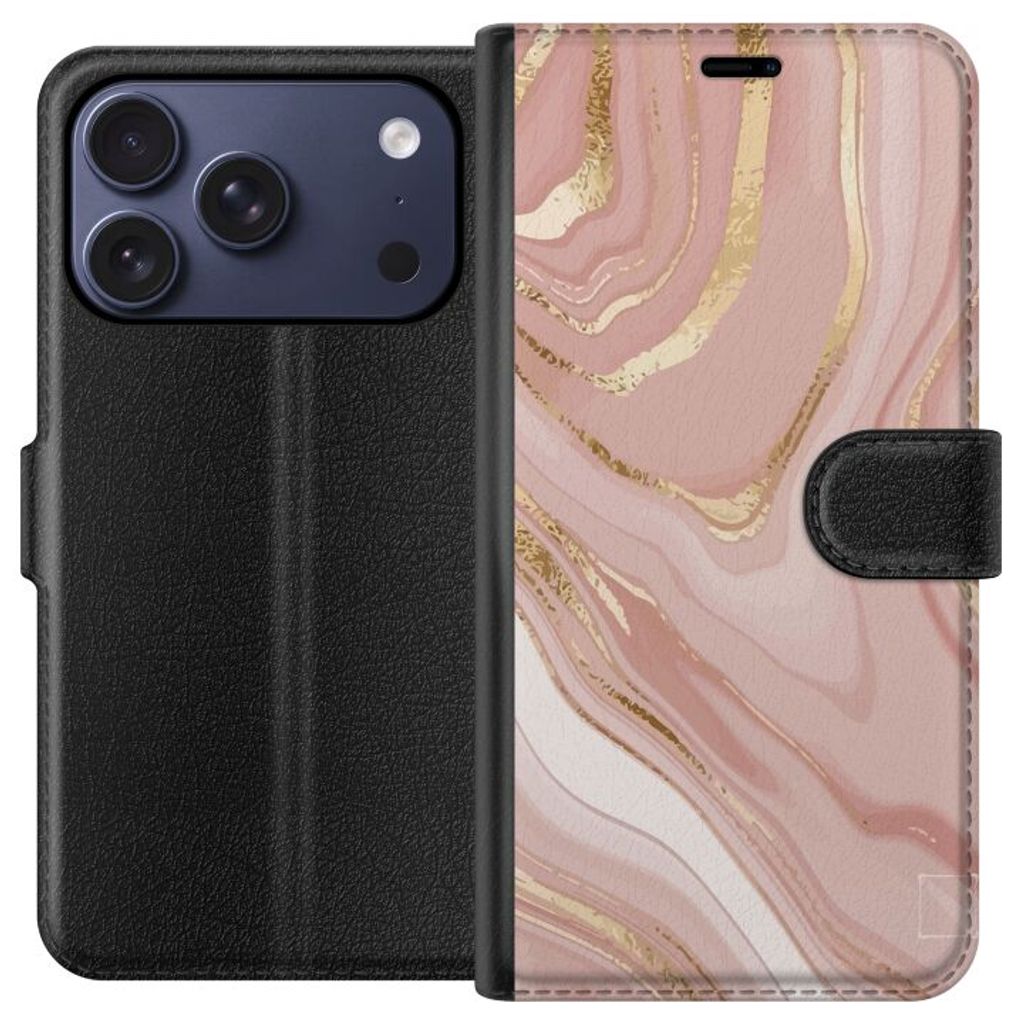 Apple iPhone 18 Pro Musta Lompakkokotelo Ljusrosa marmor