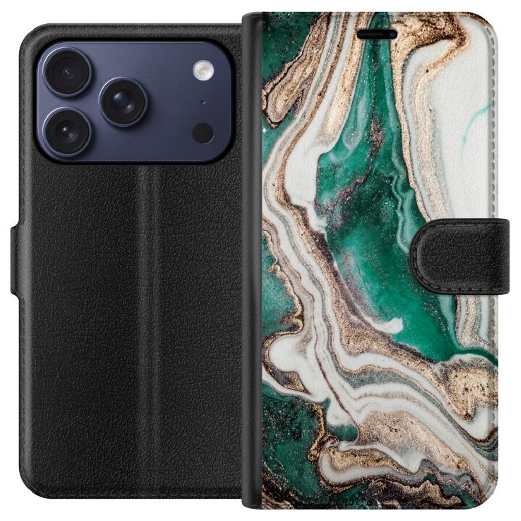 Apple iPhone 18 Pro Musta Lompakkokotelo Grön / Guld marmor
