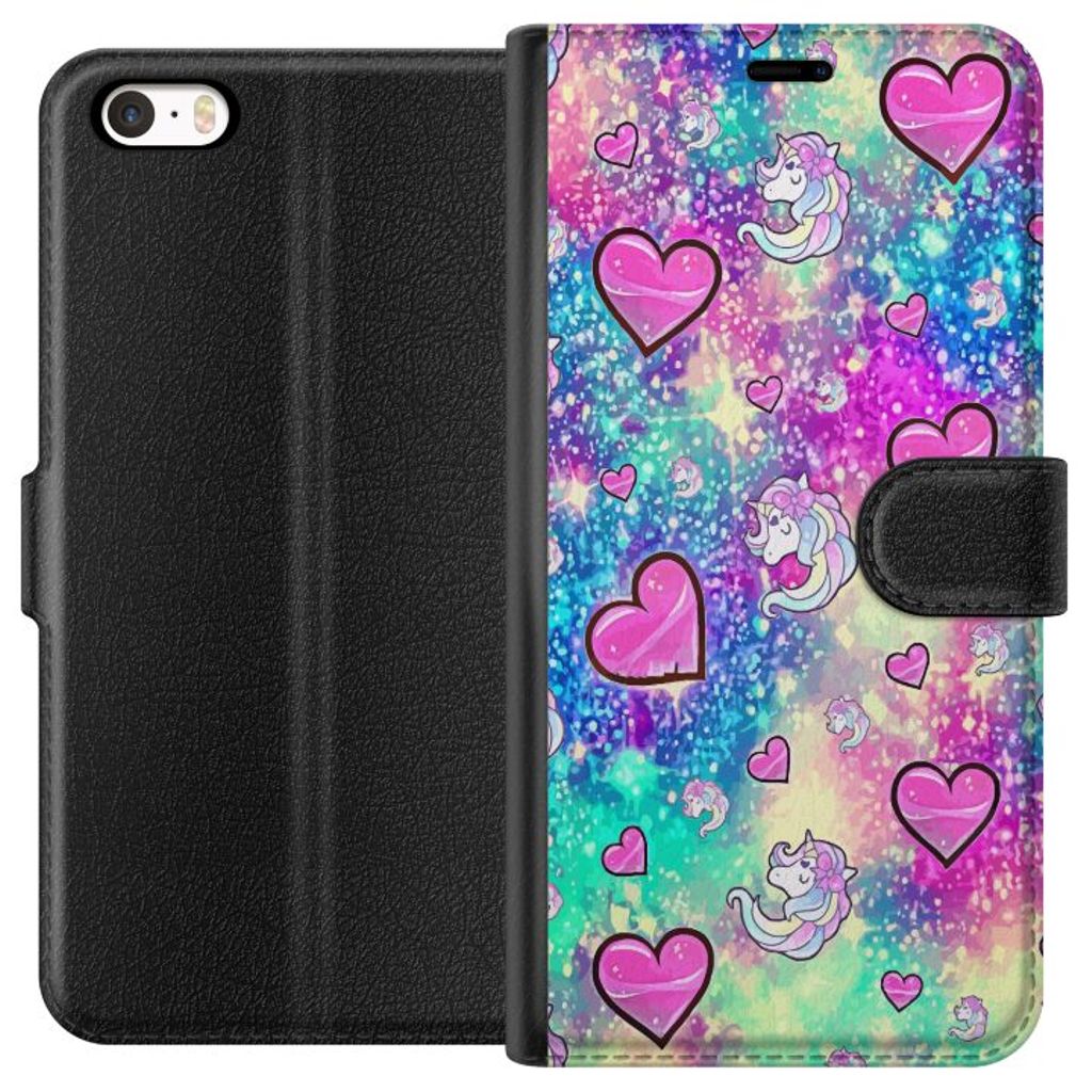 Apple iPhone 5s Svart Plånboksfodral Enhörning och hjärtan