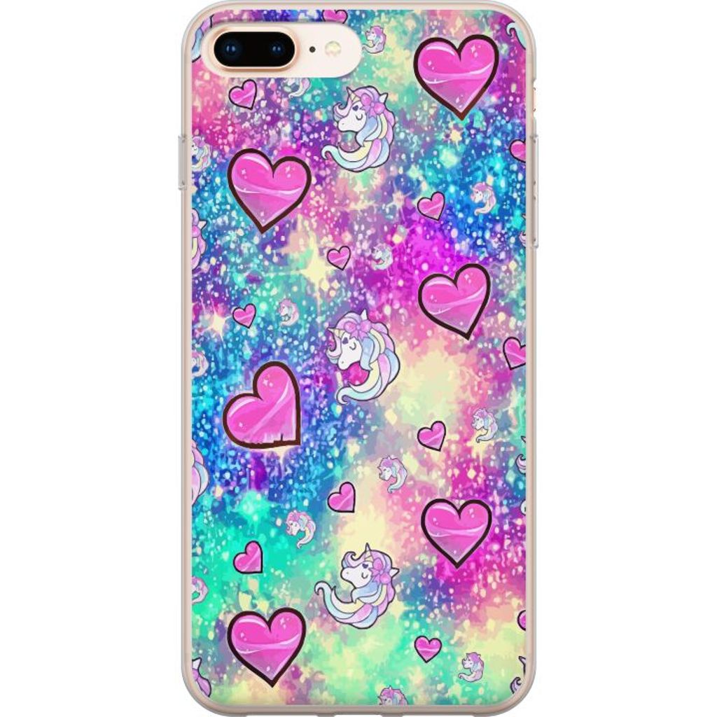 Apple iPhone 8 Plus Läpinäkyvä Puhelinkotelo Enhörning och hjärtan