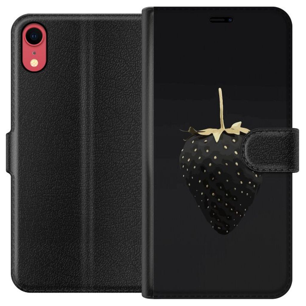 Apple iPhone XR Svart Plånboksfodral Exklusiv Jordgubbe