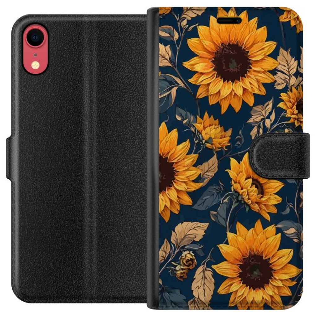 Apple iPhone XR Svart Plånboksfodral Solrosor