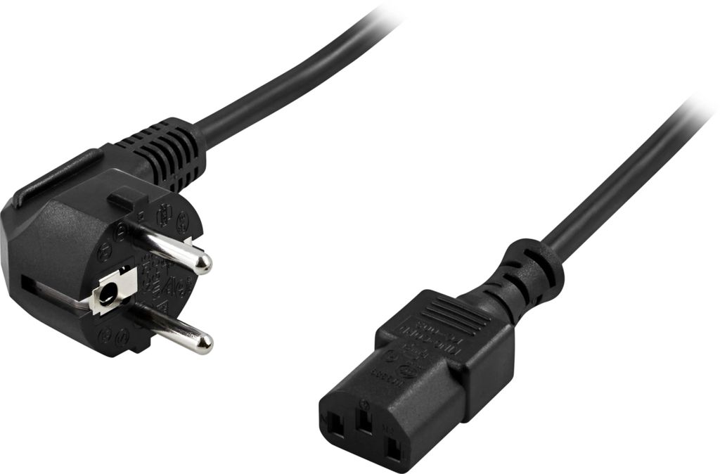 Jordet apparatkabel 0,5m vinklet CEE 7/7 til rett IEC C13 – Sort