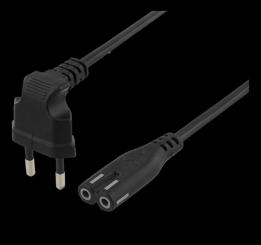 Strømkabel 3m vinklet CEE 7/16 til rett IEC 60320 C7 - sort