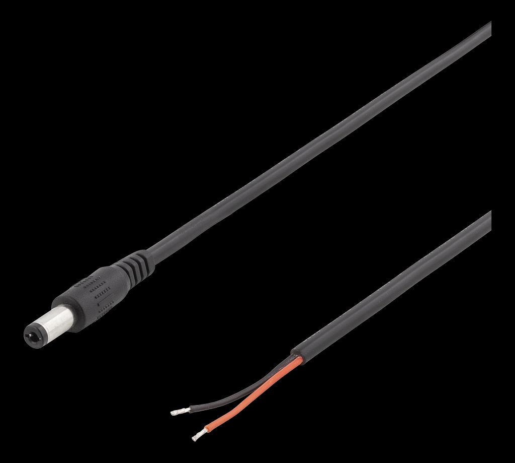 5,5x2,1 mm DC virtajohto, 2 m, musta, avopään liittimellä