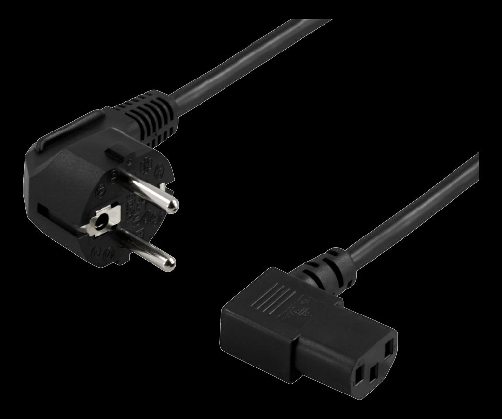 Power cable, angled CEE 7/7 to angled IEC 60320 C13, 10m - Sort
