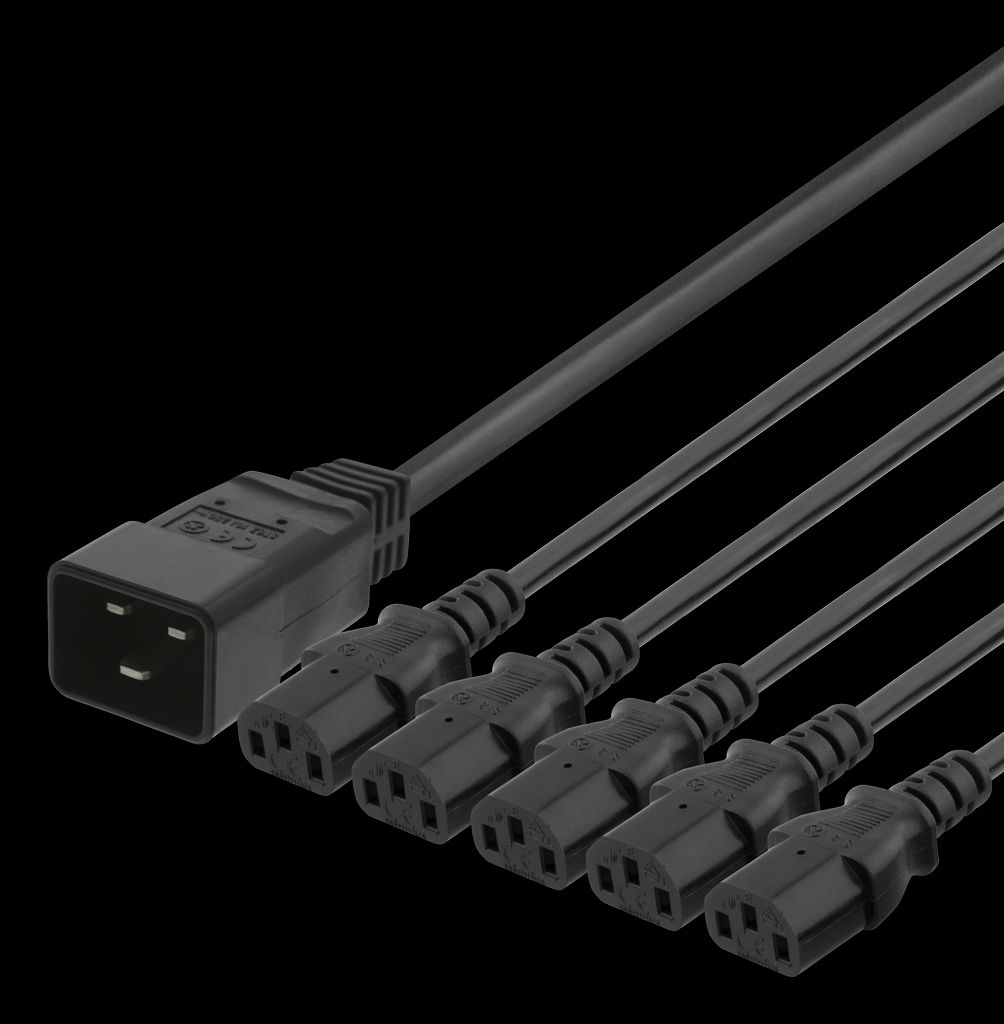 IEC C20 til 5x IEC C13 strømkabel, 2 m, 16A/250V, Y-splitter - svart