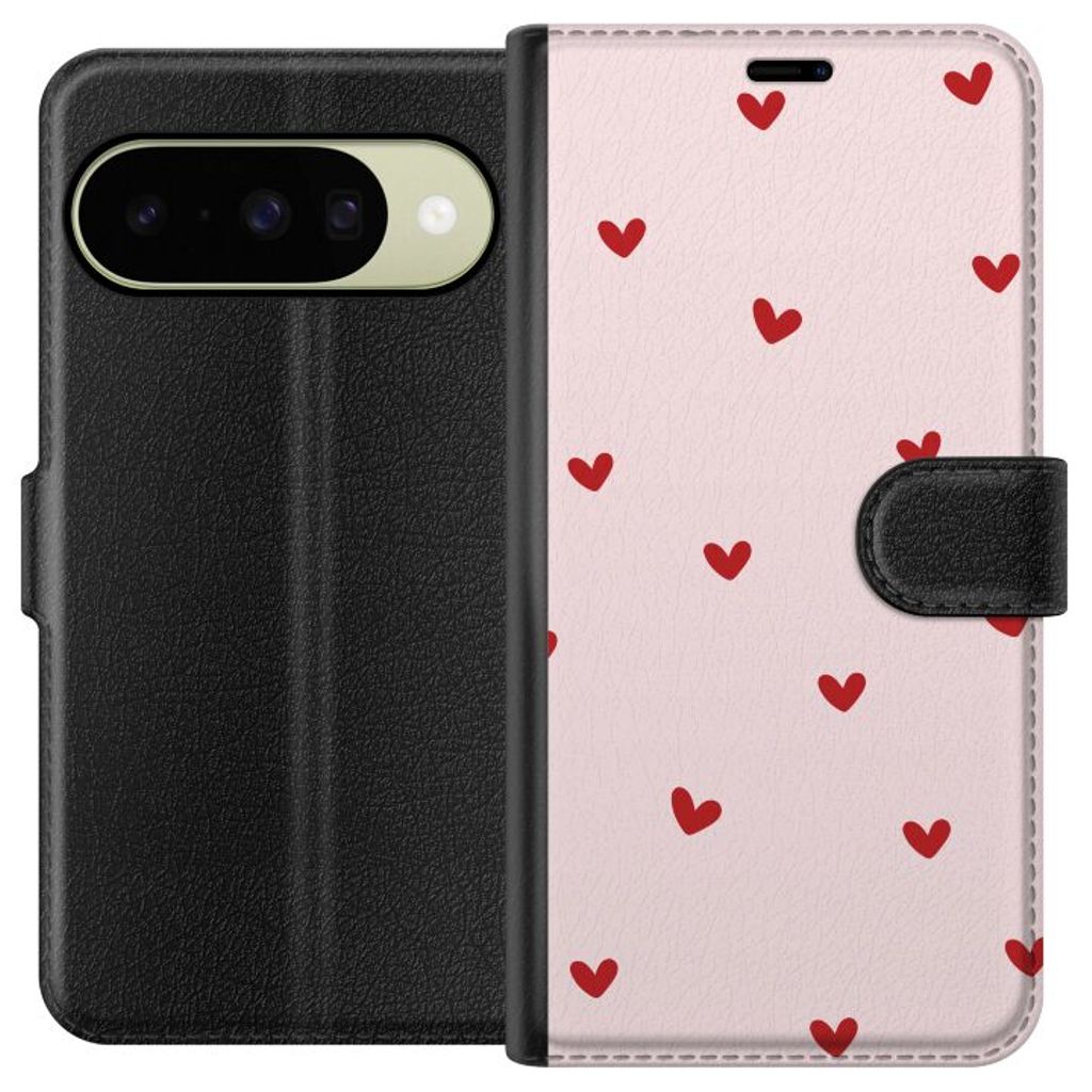 Google Pixel 10 Svart Plånboksfodral Små Hjärtan