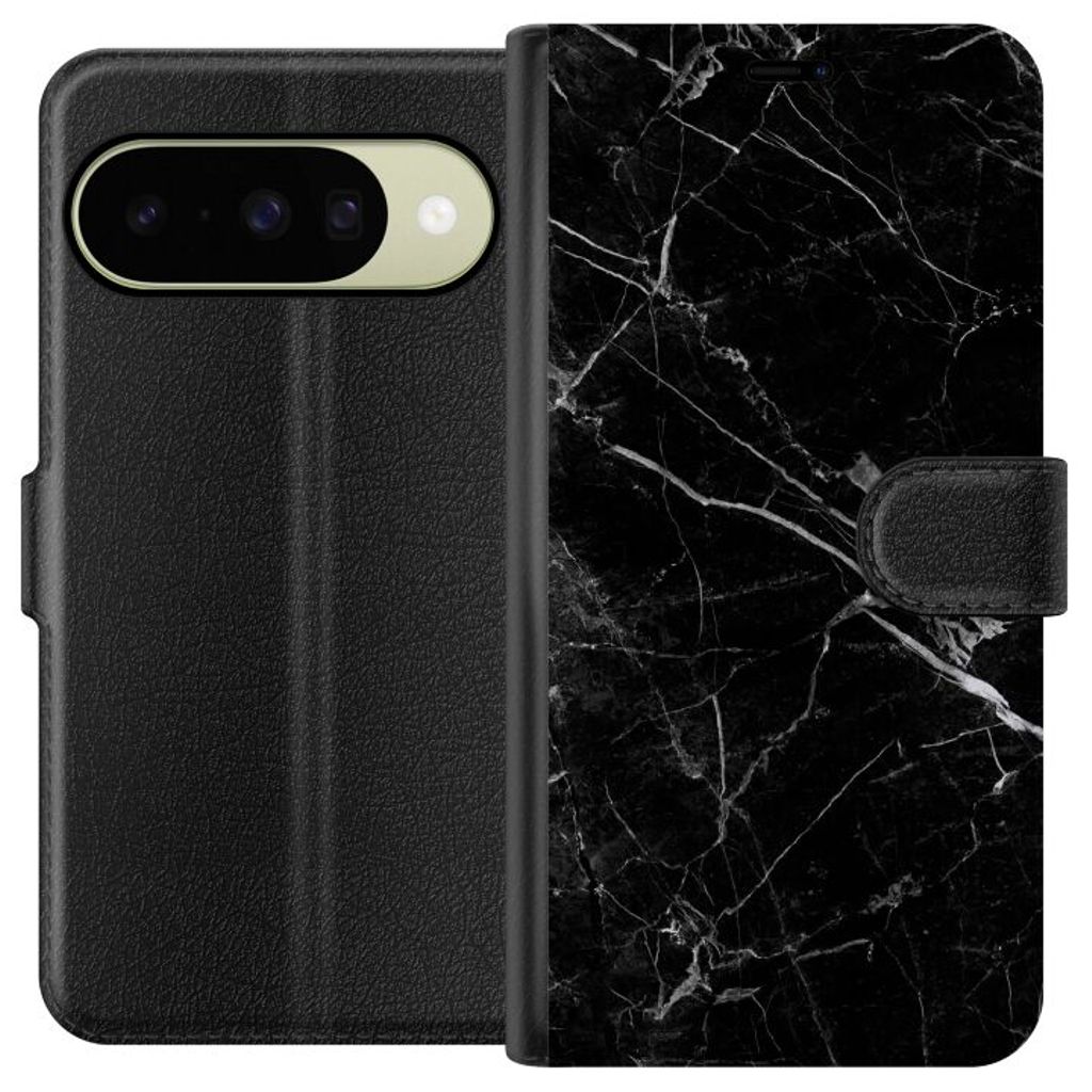 Google Pixel 10 Svart Plånboksfodral Svart marmor
