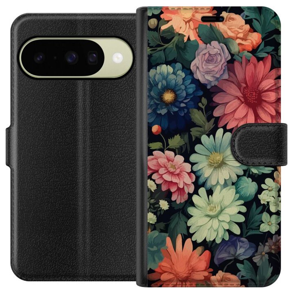Google Pixel 10 Svart Plånboksfodral Färglada blommor
