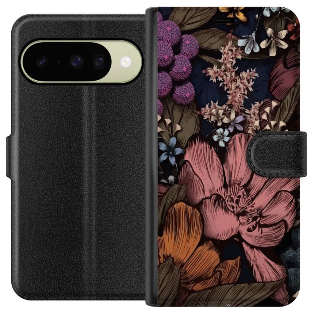 Google Pixel 10 Svart Plånboksfodral Tecknade blommor