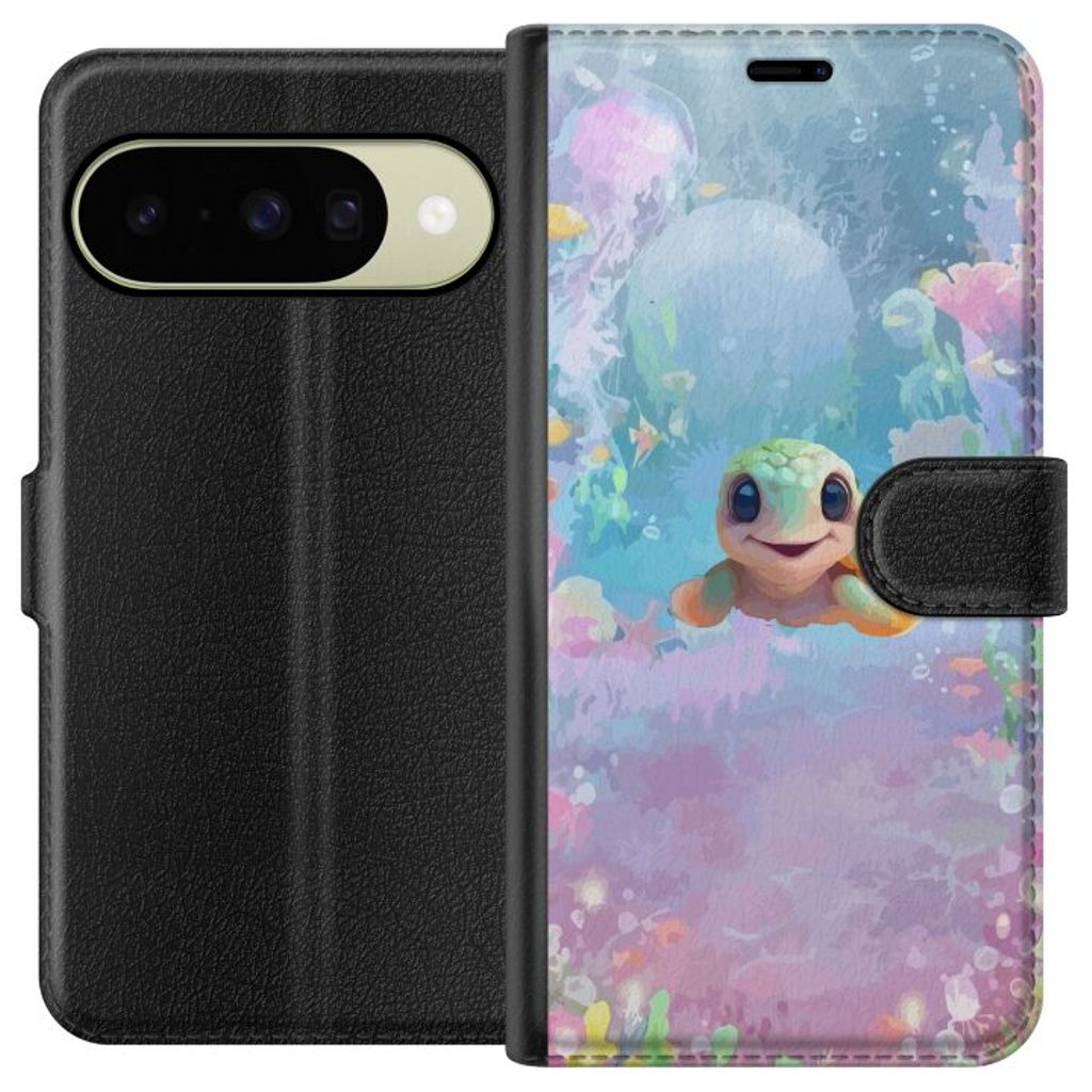 Google Pixel 10 Svart Plånboksfodral Glad Sköldpadda
