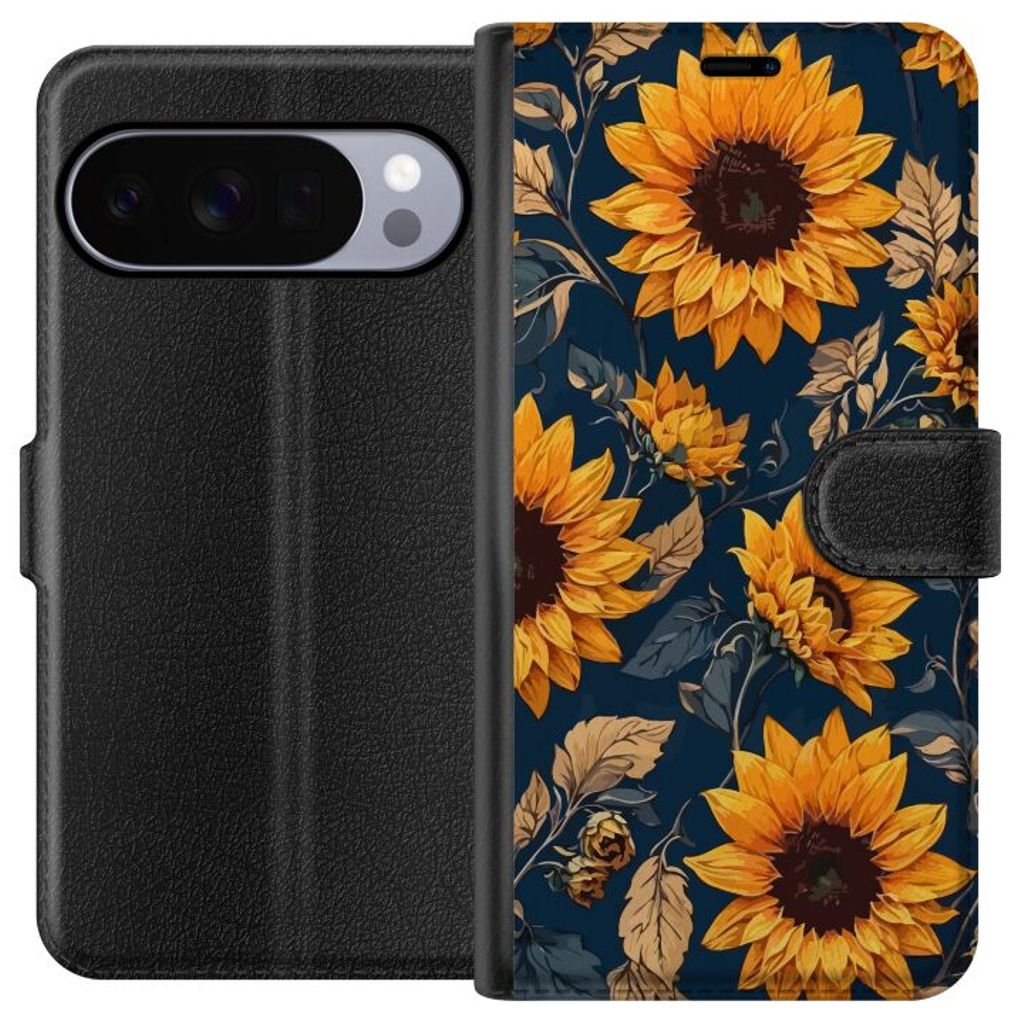 Google Pixel 10 Pro Svart Plånboksfodral Solrosor