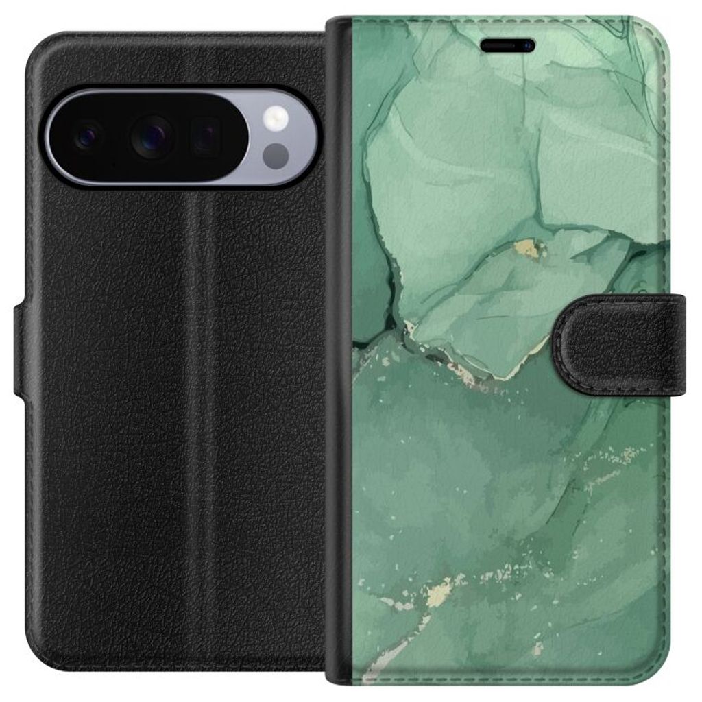 Google Pixel 10 Pro XL Musta Lompakkokotelo Grön Marmor