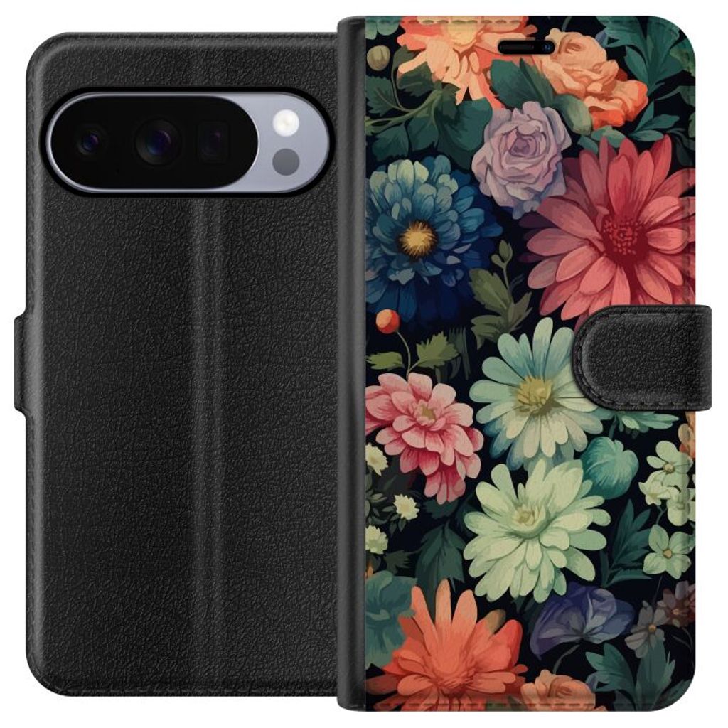 Google Pixel 10 Pro XL Musta Lompakkokotelo Färglada blommor