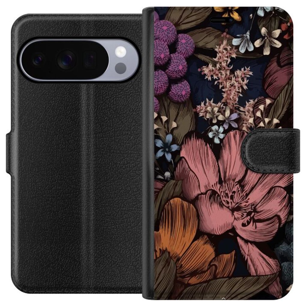 Google Pixel 10 Pro XL Musta Lompakkokotelo Tecknade blommor