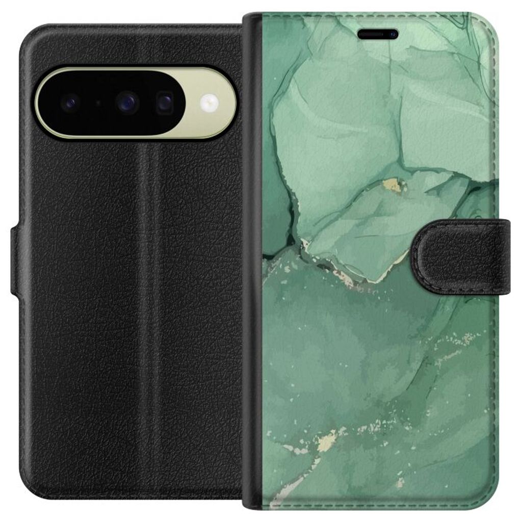 Google Pixel 11 Musta Lompakkokotelo Grön Marmor