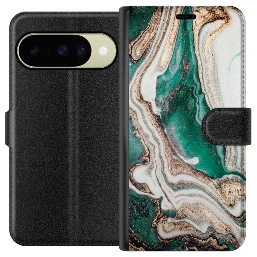 Google Pixel 11 Musta Lompakkokotelo Grön / Guld marmor