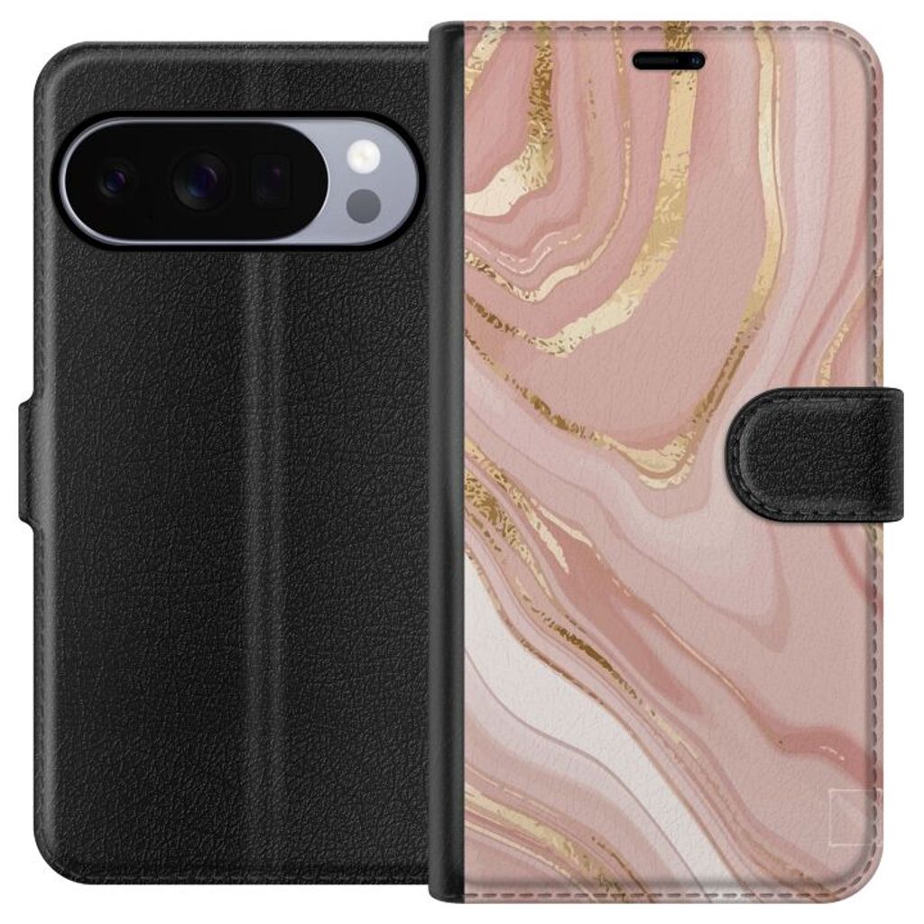 Google Pixel 11 Pro Musta Lompakkokotelo Ljusrosa marmor