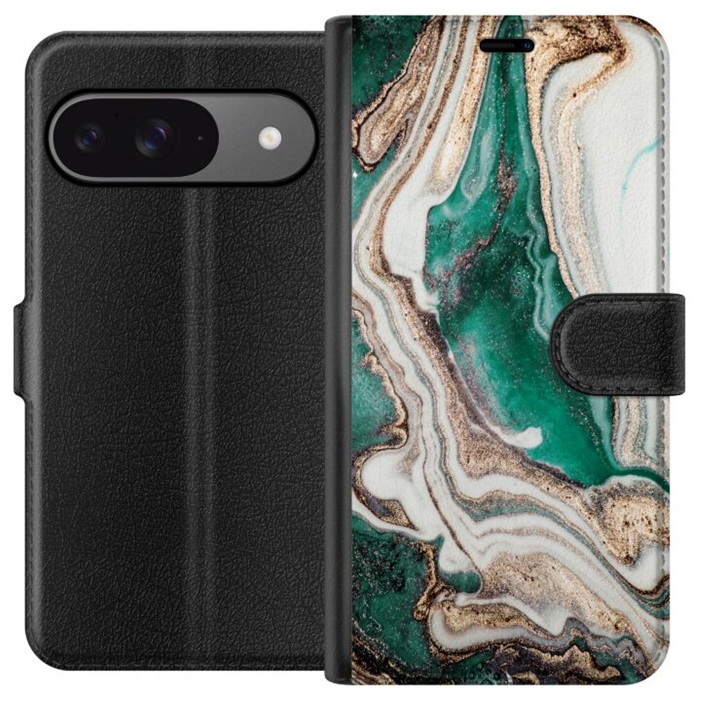 Google Pixel 9 Svart Plånboksfodral Grön / Guld marmor