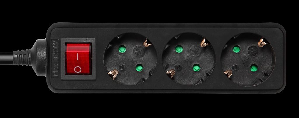 Jordet stikdåse med tænd/sluk-knap, 3x CEE 7/3 & 1x CEE 7/7, 3m – Sort
