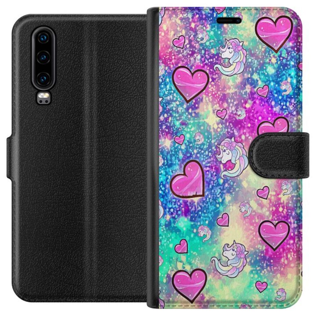 Huawei P30 Sort Tegnebogsetui Enhörning och hjärtan