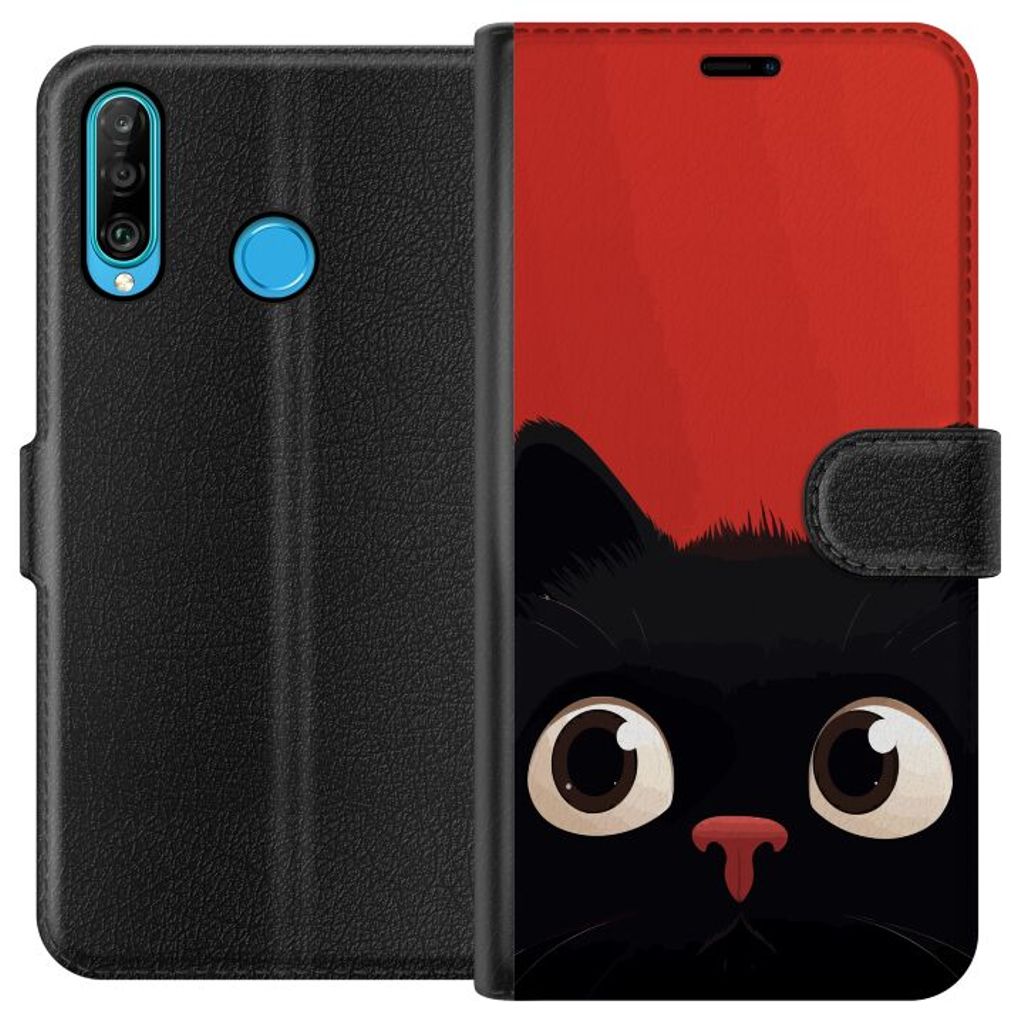 Huawei P30 lite Svart Plånboksfodral Busig Katt