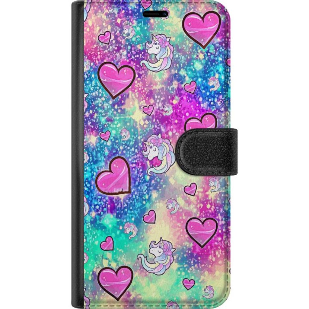 Motorola Moto E14 Sort Tegnebogsetui Enhörning och hjärtan