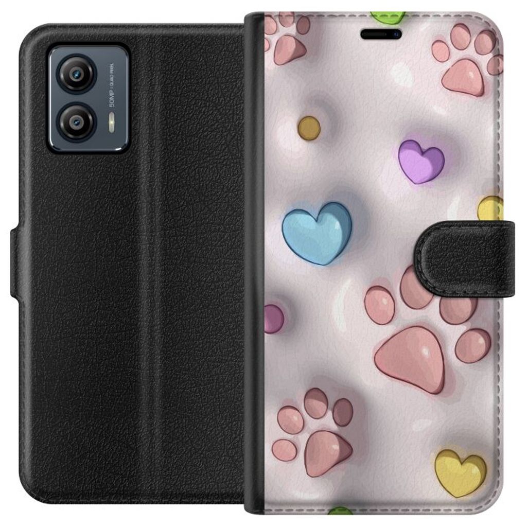 Motorola Moto G53 Musta Lompakkokotelo Fluffiga Tassar