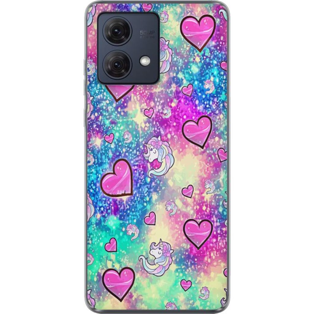 Motorola Moto G84 Transparent Mobilskal Enhörning och hjärtan