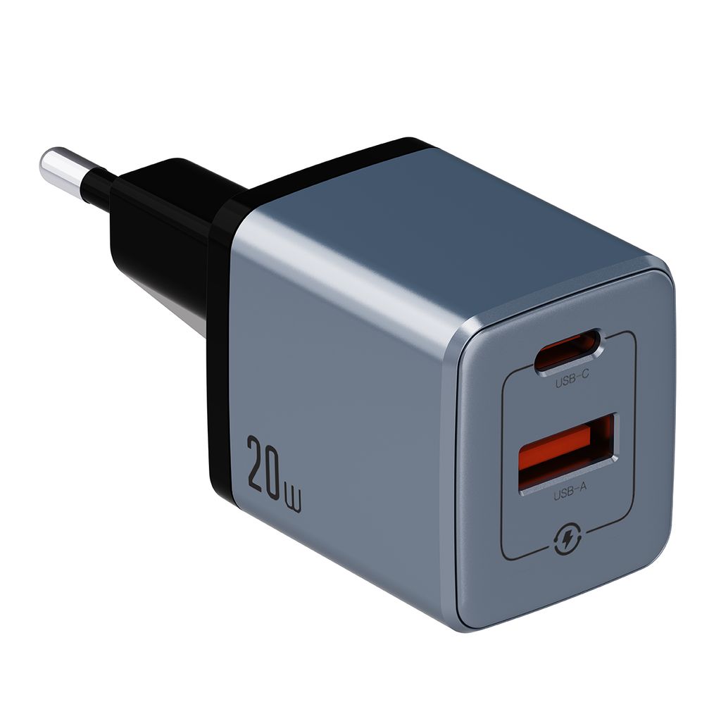 NEXTBATT 20W GaN Fast Charger | USB-C / USB-A Wall Adapter | Black/Gray