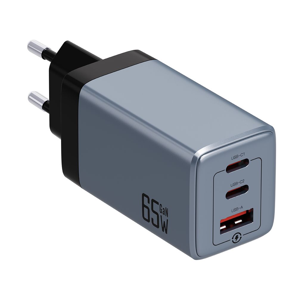 NEXTBATT 65W GaN Vegglader 2x USB-C/1x USB-A - Svart/Grå