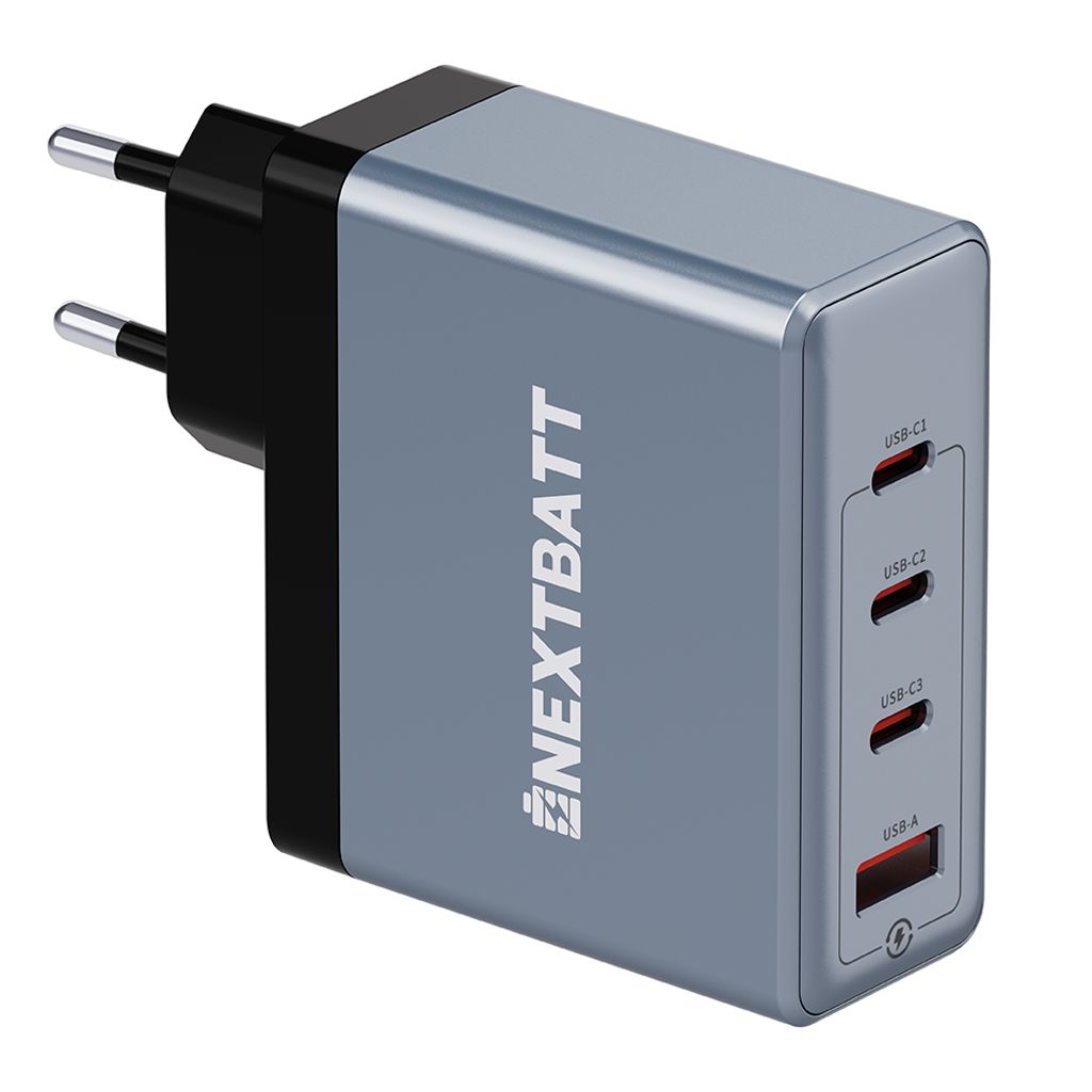 NEXTBATT 100W GaN Fast Charger 3x USB-C/1x USB-A - Black/Gray