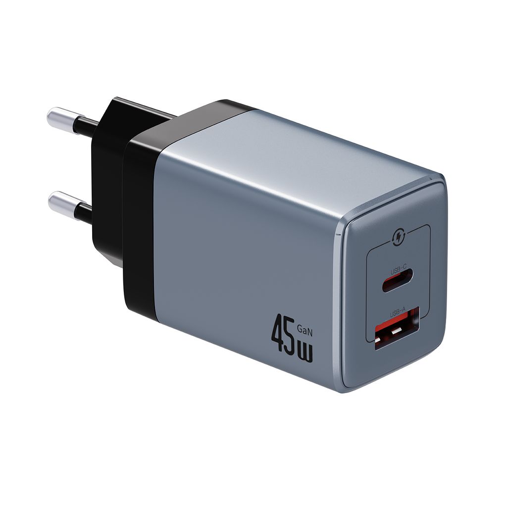 NEXTBATT 45W GaN Seinälaturi USB-C/USB-A - Musta/Harmaa